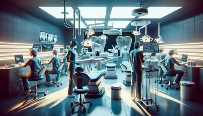 A modern UK dental clinic with bright lighting, professionals in scrubs wearing Kimberly-Clark and Ansell gloves during procedures.