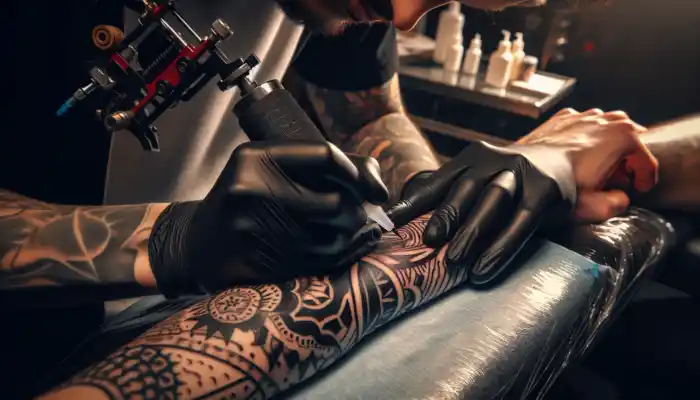 Are Black Nitrile Gloves Better for Tattoo and Beauty Salons: A focused tattoo artist in a busy UK parlour wears black nitrile gloves while applying an intricate design on a client's arm for safe tattooing.
