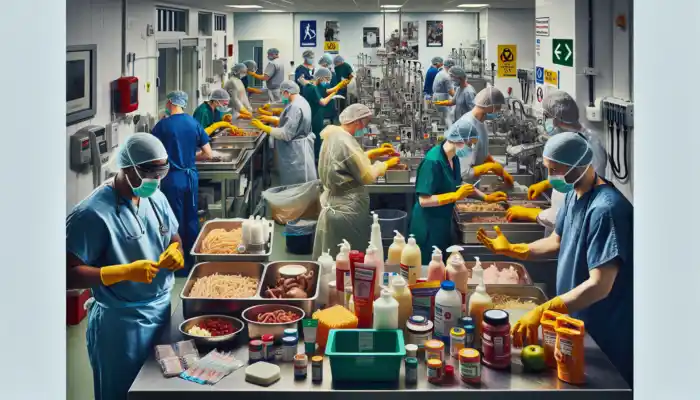 How Long Can You Wear Disposable Gloves: UK workplace scene: Healthcare professional in nitrile gloves during procedure, food workers in vinyl and polyethylene gloves, under HSE posters.