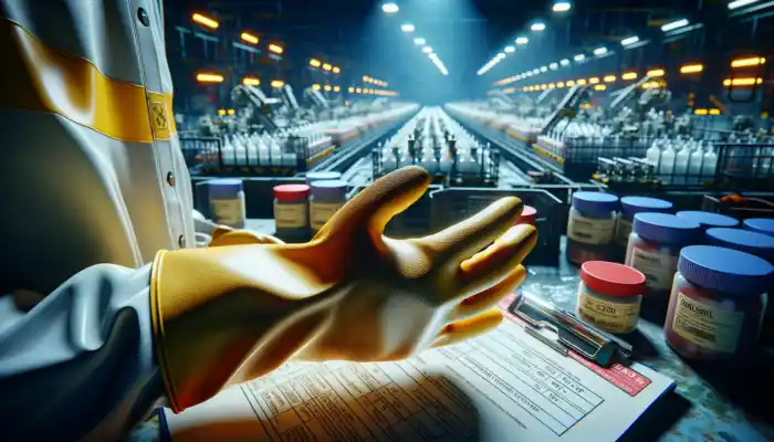Latex Gauntlet Gloves in Bristol: Close-up of durable latex gauntlet gloves on a worker's hands in a bustling Bristol factory, with textured surfaces for chemical protection.