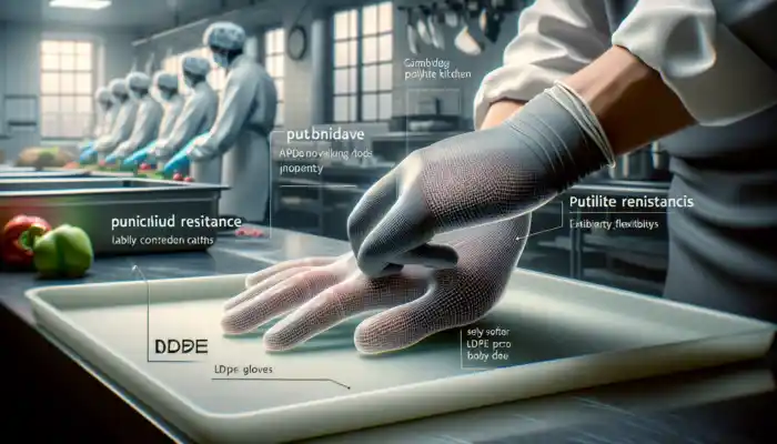 Polythene Gloves In Cambridge: Close-up of durable HDPE polythene gloves on a worker's hands in a bustling Cambridge kitchen, demonstrating puncture resistance with flexible LDPE gloves nearby.