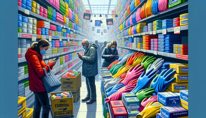 Bustling UK market stall overflowing with colorful polythene gloves; distracted shopper ignores faded labels, while another checks reviews on phone.