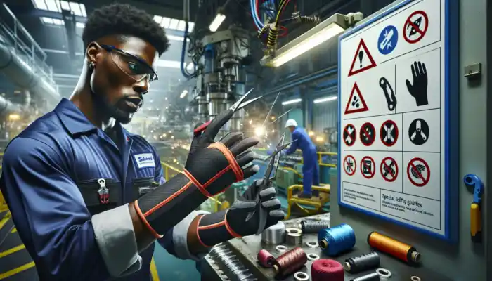 Cut Resistant Safety Gloves in Warwick: A worker in a UK factory wears cut-resistant gloves while handling sharp tools amid machinery and safety signs.