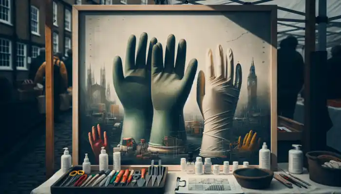 Latex Gauntlet Gloves in lichfield: Display of thick, dark green industrial latex gauntlet gloves and thin, white medical ones on a Lichfield market stall.