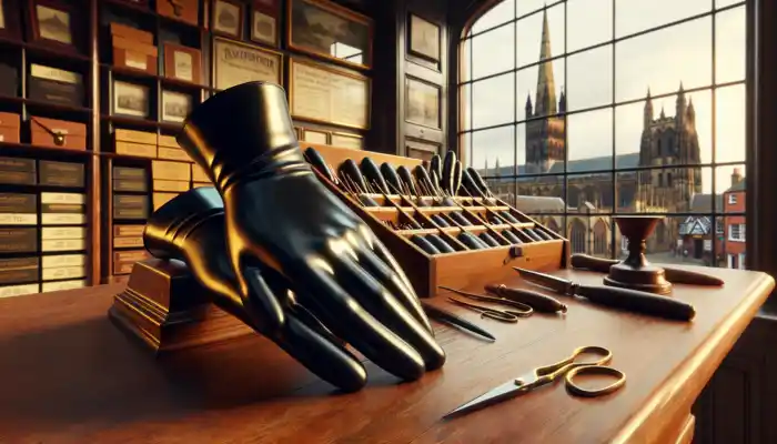 Black latex gauntlet gloves on a wooden counter in a historic Lichfield shop, with cathedral spire visible through the window in golden light.
