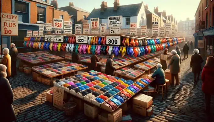 A bustling market stall in Lichfield displays affordable latex gauntlet gloves with discount signs, as shoppers compare prices under sunny skies.