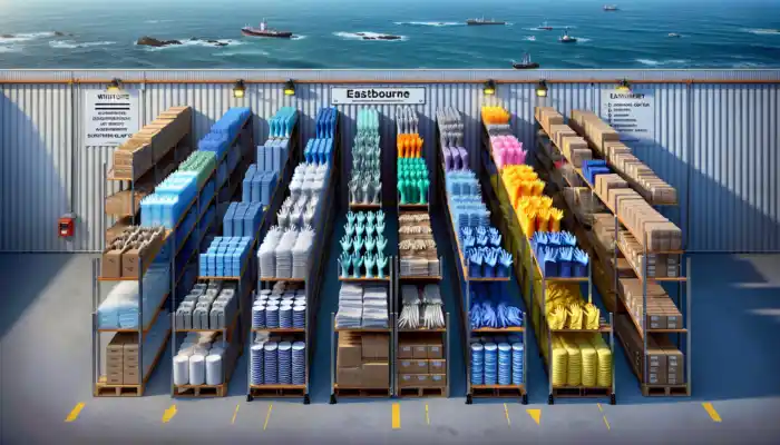 Polythene Gauntlet Gloves Supplier in Eastbourne: Various polythene gauntlet gloves on shelves in an Eastbourne warehouse: blue disposables for food, green reusables for healthcare, and thick industrial ones.