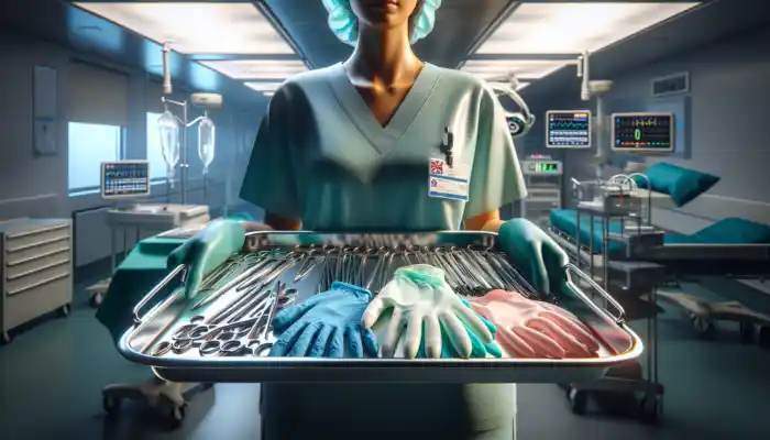 Sterile Gloves in Leicester: A healthcare professional holds sterile gloves including latex, nitrile, vinyl, and polyethylene on a tray in a bright UK hospital room.