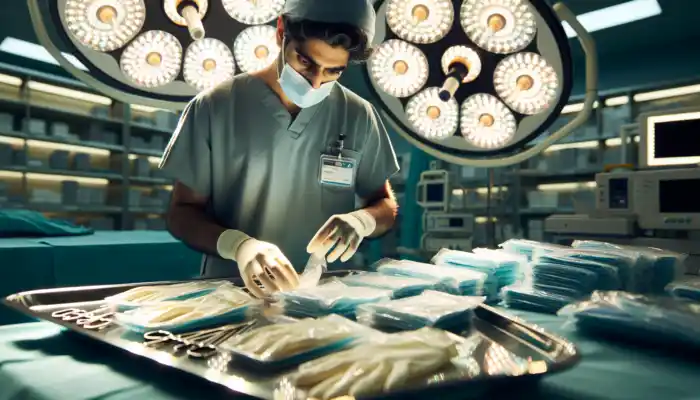 A surgeon examines sterile gloves in a bright hospital room, checking sizes, materials, and packaging with medical tools nearby.