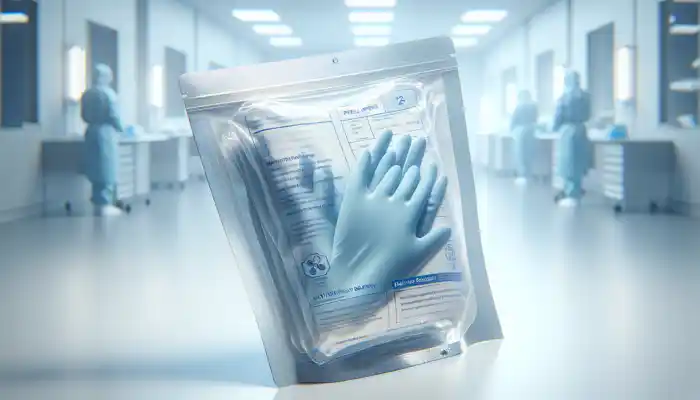 Close-up of sterile blue medical gloves sealed in translucent peel-open pouches, showing moisture barriers in a clean lab setting.