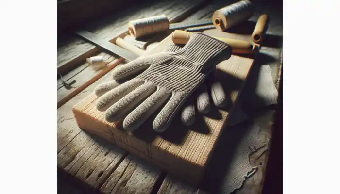 Cotton Gloves In Norwich: Durable cotton gloves made from premium Egyptian fibers in twill weave, on a wooden workbench with Portwest and Ansell labels, under soft natural light.