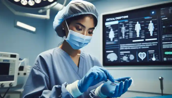 Powder Free Nitrile Gloves in Sittingbourne: Close-up of a focused surgeon in a sterile NHS operating room, wearing blue powder-free nitrile gloves while handling precision instruments.