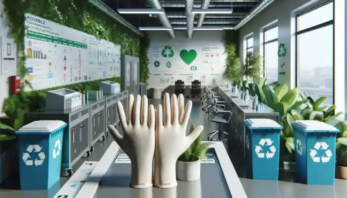 Close-up of eco-friendly powder-free nitrile gloves in a modern UK hospital with recycling bins, green plants, and industrial elements, promoting sustainability.
