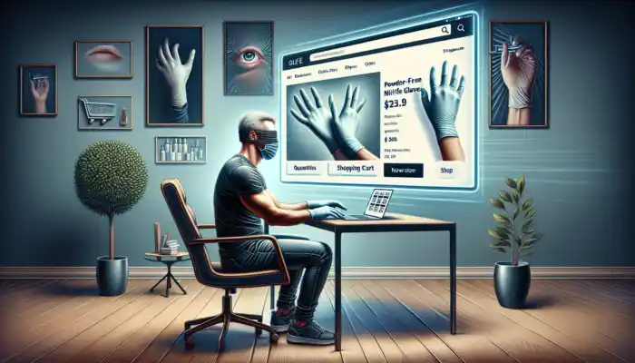 A focused shopper in Sittingbourne sits at a desk, browsing online for nitrile gloves on a laptop screen showing options, sizes, quantities, and a shopping cart.