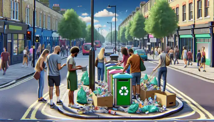 In Croydon, UK, people sort polythene gloves into colorful recycling bins under government eco-signs, surrounded by green parks and biodegradable alternatives.