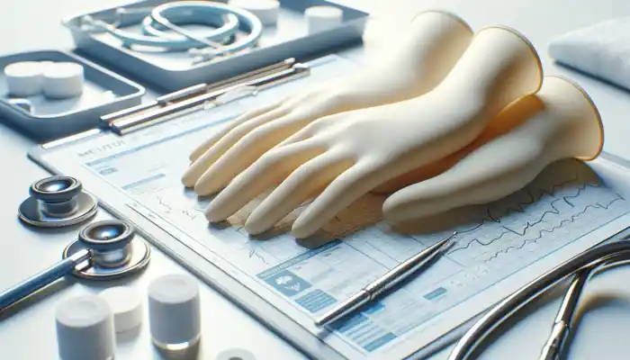Sterile Latex Gloves in Eastleigh: Close-up of sterile latex gloves showing smooth, elastic texture and glossy sheen in a hospital environment with medical tools.