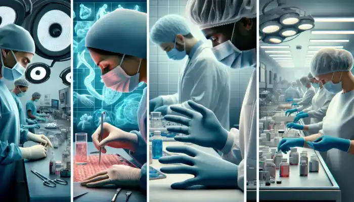 Surgeon wearing sterile latex gloves during operation, lab technician handling samples to avoid contamination, and food worker maintaining kitchen hygiene.