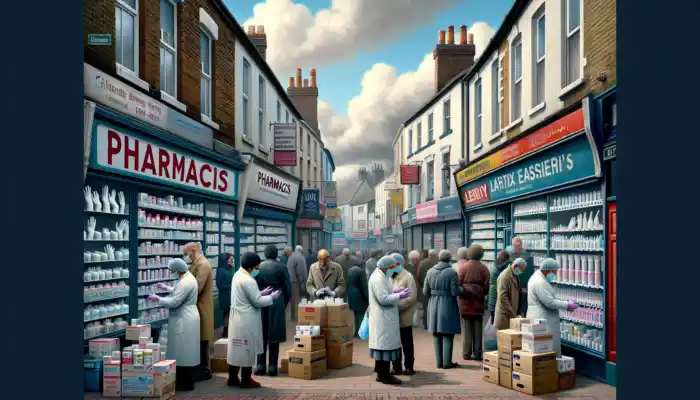 Bustling Eastleigh high street with Boots and Superdrug pharmacies, shelves of sterile latex gloves, shoppers browsing under cloudy sky.