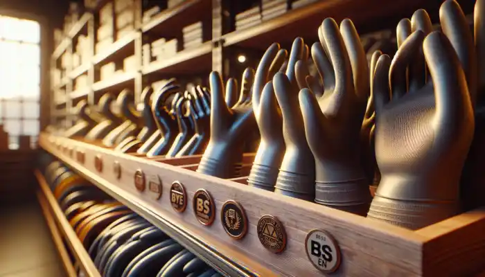 Various heavy-duty rubber gloves in different sizes on a wooden shelf in a UK hardware store, tagged with BS EN standards under warm lighting.