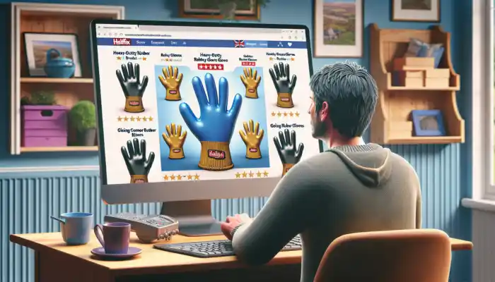 A Halifax resident browsing Amazon UK on a laptop in a cozy home, viewing heavy-duty rubber gloves with glowing reviews.