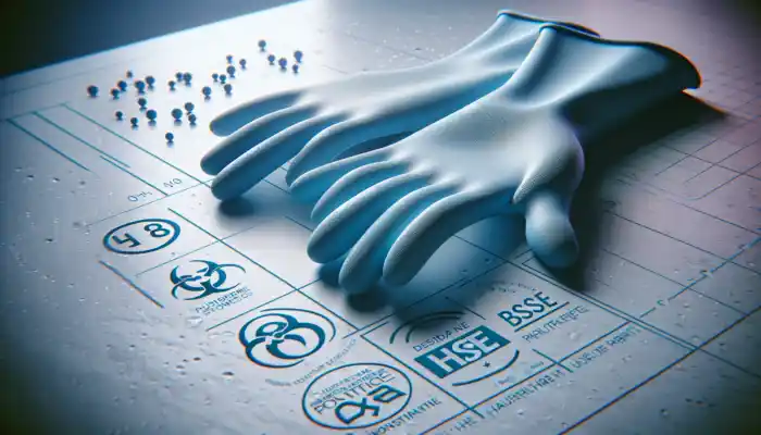 Powder Free Nitrile Gloves in Oxford: Close-up of durable powder-free nitrile gloves with textured surface on sterile lab table, showing HSE and BSI certifications.