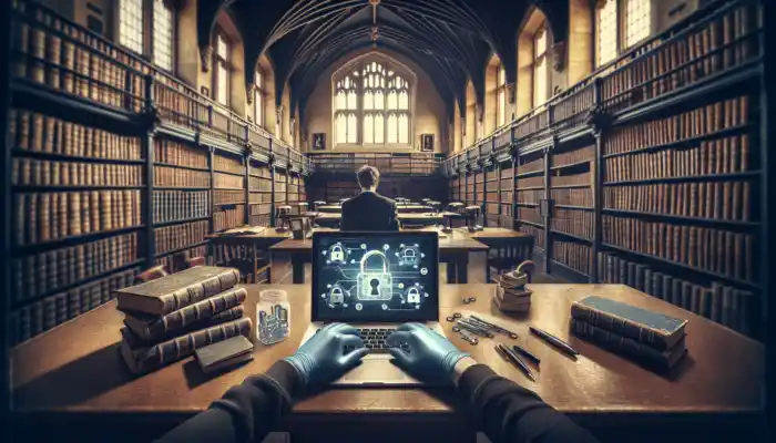 A focused person at a laptop in a historic library, surrounded by ancient books, with blue nitrile gloves and glowing digital padlock icons on the screen.