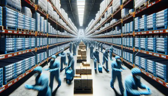 UK warehouse during flu season: shelves of powder-free nitrile gloves, graphs showing shortages, workers restocking, and a large clock.