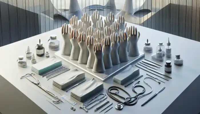 Powder Free Vinyl Gloves for Sale in Sunderland: Variety of powder-free vinyl gloves in sizes from small to extra-large on a white surface, with stethoscopes and utensils in a modern UK setting.