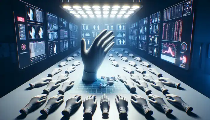 A gloved hand selects various powder-free vinyl gloves in a sterile lab, showing sizes, textures, and quality labels.