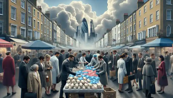 A bustling London market stall displays stacks of affordable powder-free vinyl gloves on sale, with diverse shoppers inspecting them under a cloudy sky.
