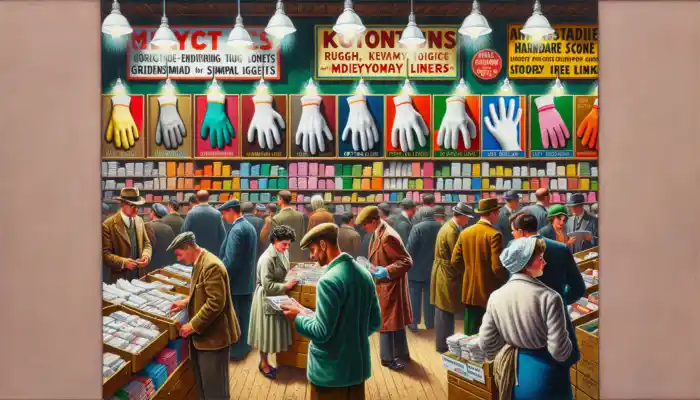 Cotton Gloves in Gillingham: A bustling hardware store in Gillingham displays various cotton gloves, including gardening, medical, industrial, and everyday ones, with shoppers browsing.