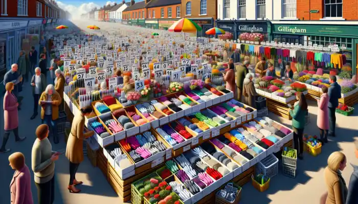 Bustling spring market stall in Gillingham with cotton gloves priced £3-£15, shoppers browsing Homebase and Argos brands amid flowers and tools under sunny sky.