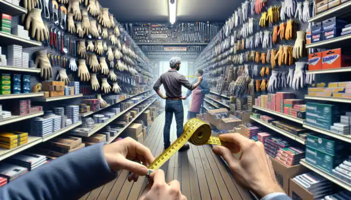A shopper in a Gillingham hardware store measures their hand with a tape measure, consulting a cotton glove sizing chart amid shelves of tools.