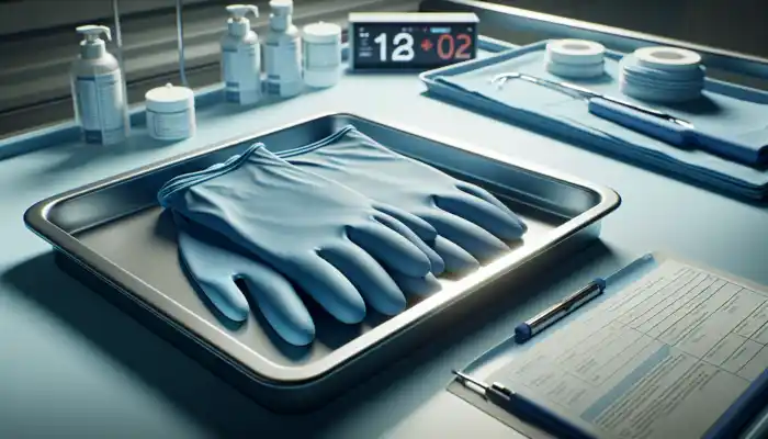 Sterile Nitrile Gloves in Weymouth: Close-up of blue sterile nitrile gloves on a tray in a Weymouth hospital, showing smooth texture and medical tools.