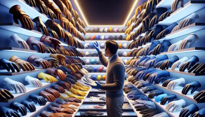 A shopper in a well-lit store examines rugged leather work gloves, flexible latex medical ones, and insulated winter gloves, comparing textures and sizes.