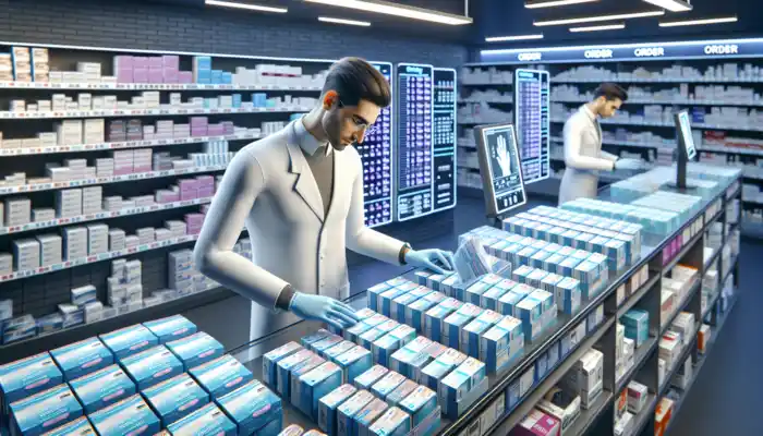 A bustling Weymouth pharmacy interior with shelves of sealed blue nitrile gloves, a pharmacist inspecting them under fluorescent lights, and medical supplies around.