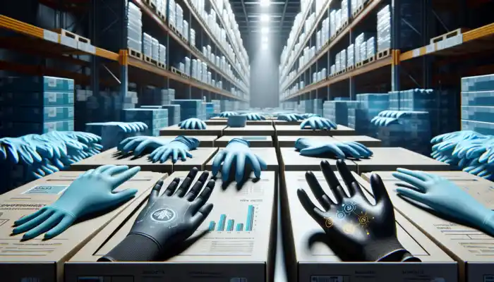 Nitrile Gloves Supplier in Doncaster: Assorted nitrile gloves displayed in a Doncaster warehouse, featuring blue and black medical and industrial varieties with textured surfaces for chemical and puncture resistance.