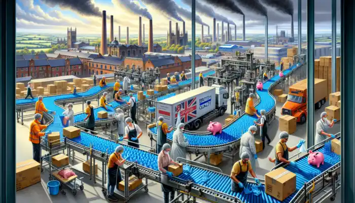 Bustling Doncaster warehouse: workers packaging blue nitrile gloves, loading trucks, piggy banks, British stamps, and industrial skyline.