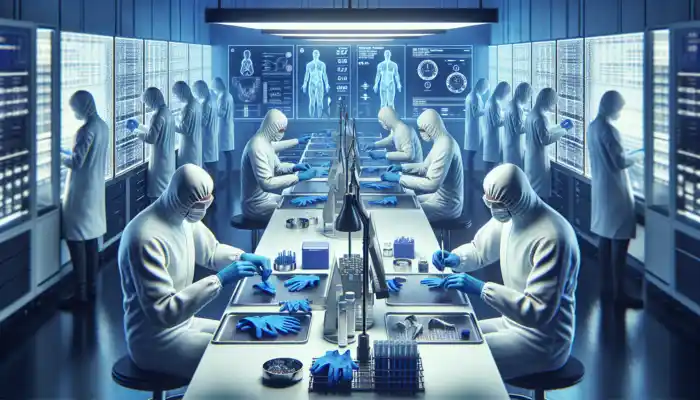 In a modern Doncaster lab, technicians in white coats test blue nitrile gloves for puncture and chemical resistance under bright lights.