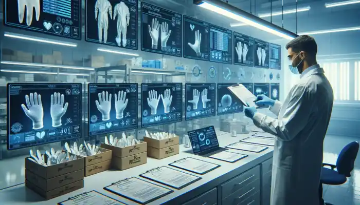 A quality assurance expert examines latex gauntlet glove samples in a sterile lab, surrounded by checklists, packaging, and tablets under bright lights.
