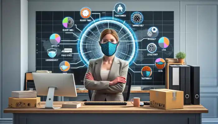 Business analyst in a modern Darlington office reviews PPE suppliers with charts, icons, and customized masks for efficiency.