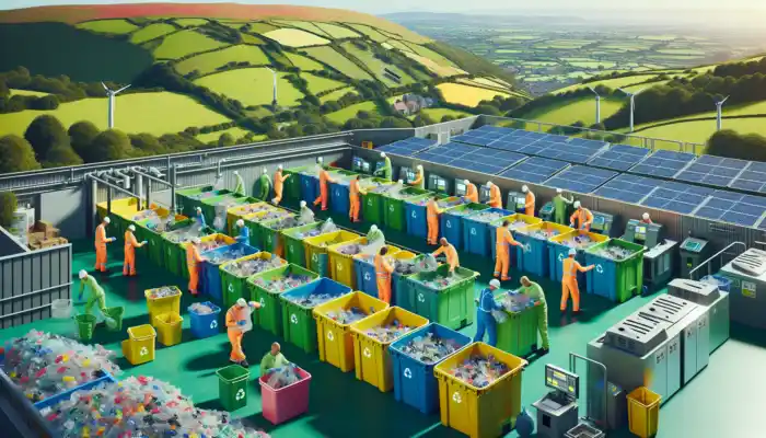 Workers in eco-friendly gear sort polythene gloves into color-coded bins at a vibrant Newport recycling facility, surrounded by lush greenery and solar panels.