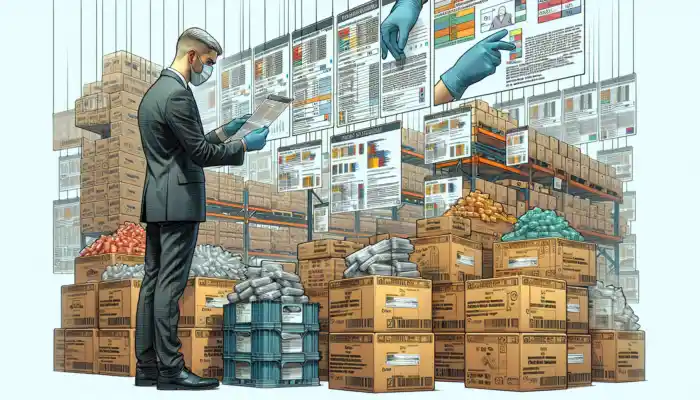 A shopper examines sealed polythene glove packages in a bustling Newport market, reading labels amid stacked bulk boxes for hygiene.