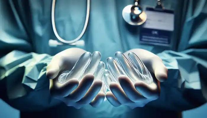 Powder Free Vinyl Gloves in Leicester: Close-up of hands in smooth, powder-free vinyl gloves during a precise medical procedure in a sterile UK hospital, highlighting flexible, latex-free material.