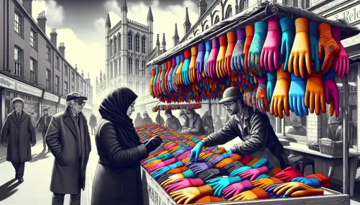 A shopper examines colorful gloves at a bustling Leicester market stall, with historic brick buildings and gray sky behind.