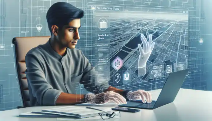 A focused person at a desk browses a UK medical website on a laptop, viewing images of powder-free vinyl gloves with Leicester map and delivery icons in the background.