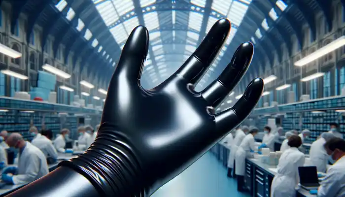 Latex Gauntlet Gloves in Esher: Black latex gauntlet gloves with glossy texture on a hand in a UK laboratory, showing snug fit and durable protection.