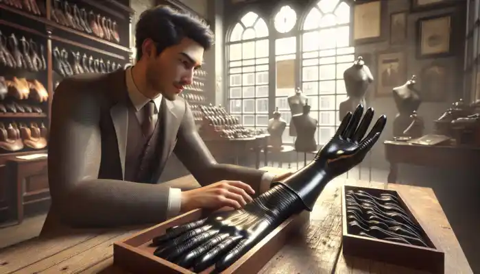 An expert in an Esher boutique examines shiny black latex gauntlet gloves on a rustic wooden counter under soft natural light.
