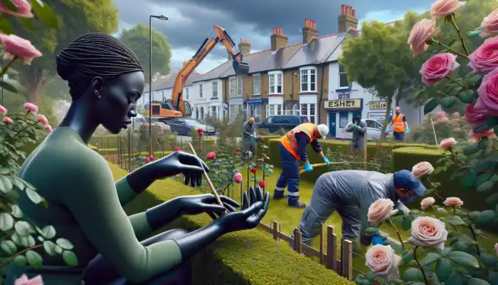 A gardener in Esher wears latex gauntlet gloves while tending thorny bushes, as construction workers handle debris for protection and productivity.