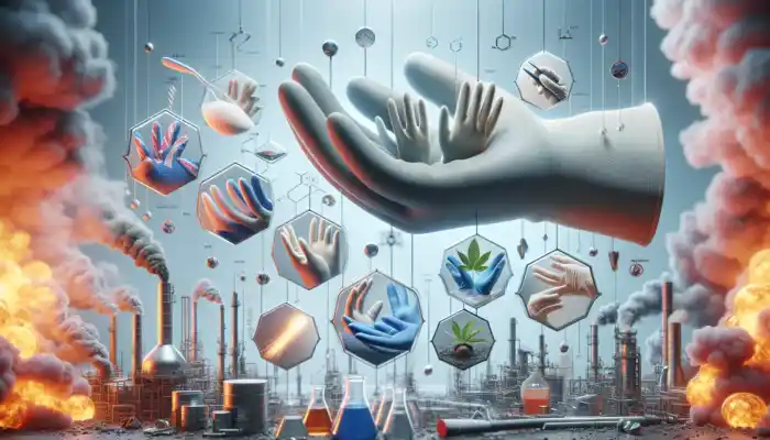 Safety Gloves in Halifax: UK safety gloves made from nitrile in a chemical factory, latex during surgery, and vinyl for industrial use, emphasizing durability and protection.